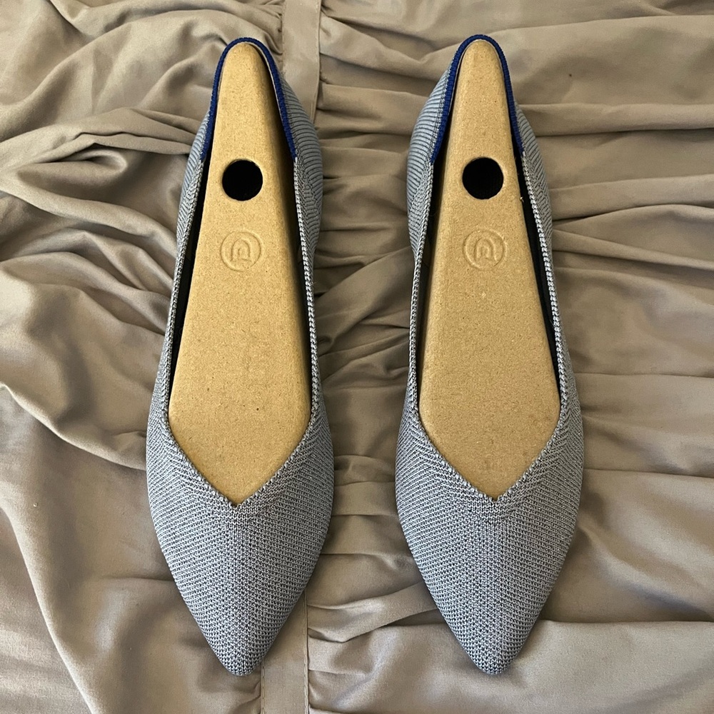 Rothy's Pointed Toe Flats in Heathered Light Gray with Navy Trim